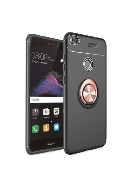 Jopus Huawei P10 Lite Kılıf Ultra Korumalı Yüzüklü Standlı Ravel Silikon - (Siyah - Rose Gold)