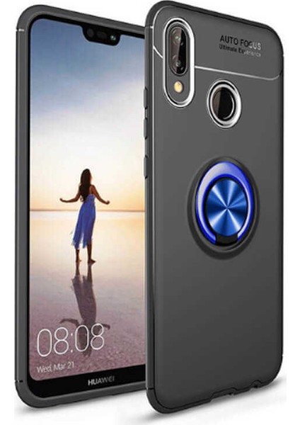 Jopus Huawei P Smart 2019 Kılıf Ultra Korumalı Yüzüklü Standlı Ravel Silikon - (Siyah - Mavi)