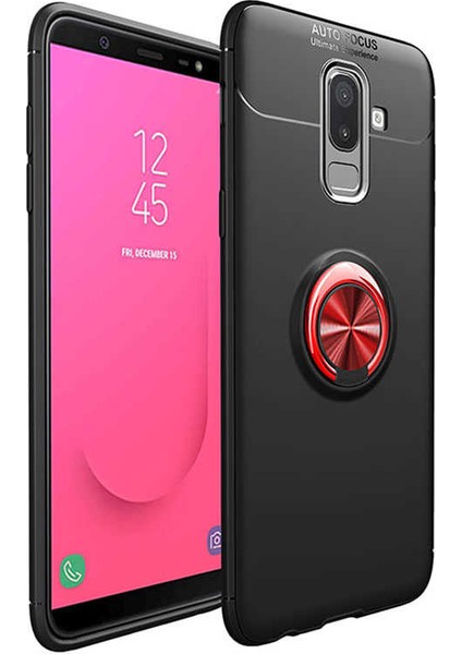 Jopus Samsung Galaxy J8 Kılıf Ultra Korumalı Yüzüklü Standlı Ravel Silikon - (Siyah - Kırmızı) + Cam Ekran Koruyucu
