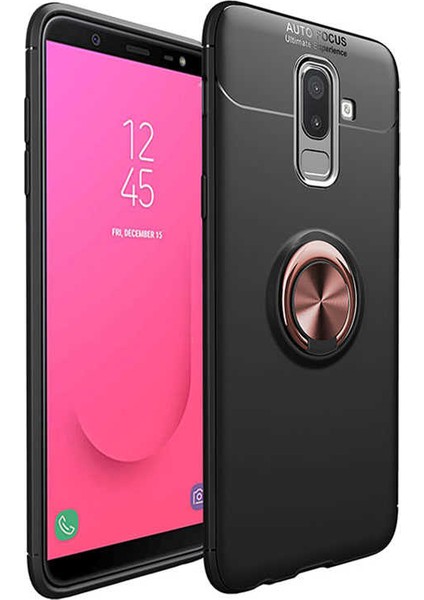 Jopus Samsung Galaxy J8 Kılıf Ultra Korumalı Yüzüklü Standlı Ravel Silikon - (Siyah - Rose Gold) + Cam Ekran Koruyucu