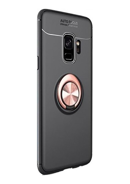 Jopus Samsung Galaxy A6 2018 Kılıf Ultra Korumalı Yüzüklü Standlı Ravel Silikon - (Siyah - Rose Gold) + Cam Ekran Koruyucu