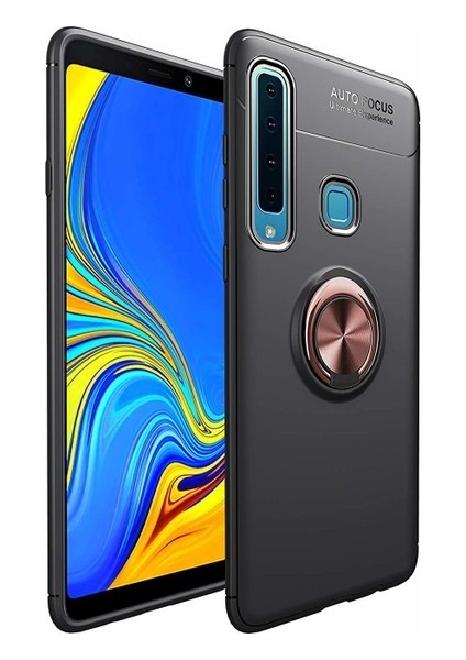 Jopus Samsung Galaxy A9 2018 Kılıf Ultra Korumalı Yüzüklü Standlı Ravel Silikon - (Siyah - Rose Gold) + Cam Ekran Koruyucu