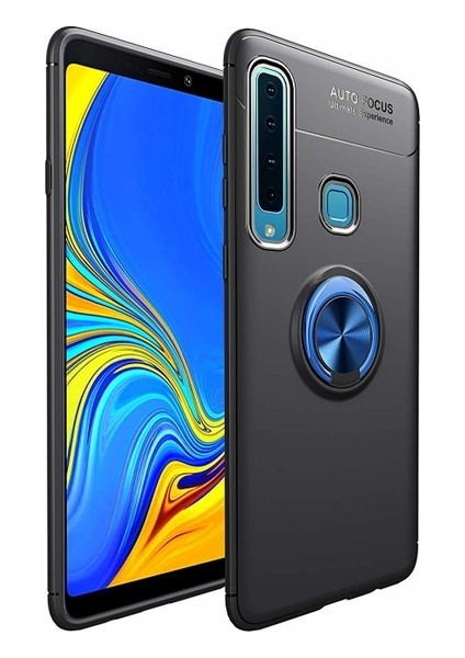 Jopus Samsung Galaxy A9 2018 Kılıf Ultra Korumalı Yüzüklü Standlı Ravel Silikon - (Siyah - Mavi) + Cam Ekran Koruyucu