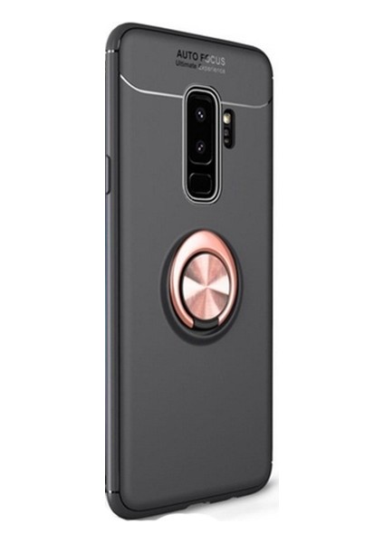 Jopus Samsung Galaxy S9 Kılıf Ultra Korumalı Yüzüklü Standlı Ravel Silikon - (Siyah - Rose Gold) + Cam Ekran Koruyucu