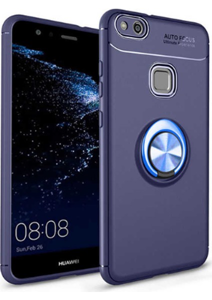 Jopus Huawei P10 Lite Kılıf Ultra Korumalı Yüzüklü Standlı Ravel Silikon - (Lacivert) + Cam Ekran Koruyucu