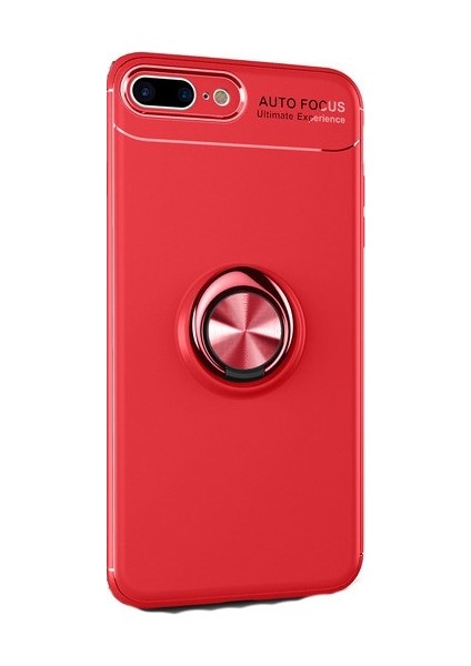 Jopus Apple iPhone 7 Plus Kılıf Ultra Korumalı Yüzüklü Standlı Ravel Silikon - (Kırmızı) + Cam Ekran Koruyucu