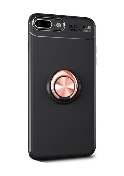 Jopus Apple iPhone 7 Plus Kılıf Ultra Korumalı Yüzüklü Standlı Ravel Silikon - (Siyah - Rose Gold) + Cam Ekran Koruyucu