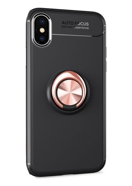 Jopus Apple iPhone XS Kılıf Ultra Korumalı Yüzüklü Standlı Ravel Silikon - (Siyah - Rose Gold) + Cam Ekran Koruyucu