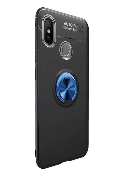 Jopus Xioami Mi A2 (6X) Kılıf Ultra Korumalı Yüzüklü Standlı Ravel Silikon - (Siyah - Mavi) + Cam Ekran Koruyucu