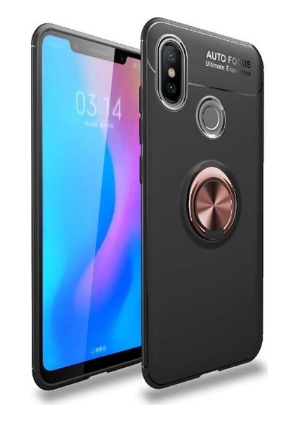 Jopus Xioami Mi A2 Lite Kılıf Ultra Korumalı Yüzüklü Standlı Ravel Silikon - (Siyah - Rose Gold) + Cam Ekran Koruyucu