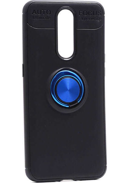 Jopus Oppo RX17 Pro Kılıf Ultra Korumalı Yüzüklü Standlı Ravel Silikon - (Siyah - Mavi) + Cam Ekran Koruyucu