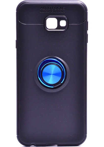 Jopus Samsung Galaxy J4 Plus Kılıf Ultra Korumalı Yüzüklü Standlı Ravel Silikon - (Siyah - Mavi) + Nano Ekran Koruma