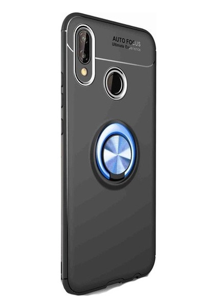 Jopus Huawei P20 Lite Kılıf Ultra Korumalı Yüzüklü Standlı Ravel Silikon - (Siyah - Mavi) + Nano Ekran Koruma