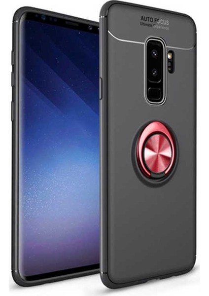 Jopus Samsung Galaxy S9 Plus Kılıf Ultra Korumalı Yüzüklü Standlı Ravel Silikon - (Siyah - Kırmızı) + Full Body 360 (Ön - Arka)
