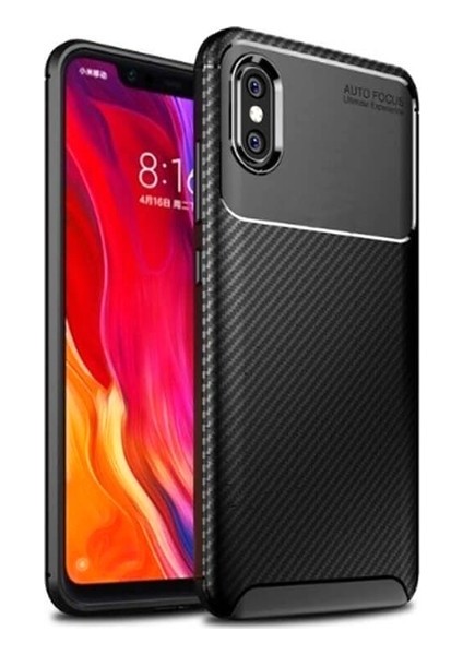 Jopus Xioami Mi 8 Pro Kılıf Karbon Desenli Lux Negro Silikon - Siyah + Cam Ekran Koruyucu