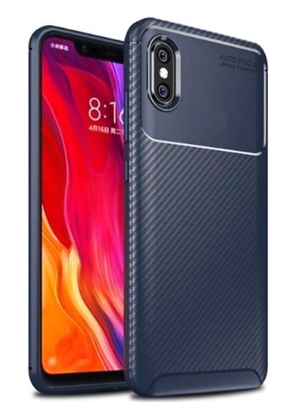 Jopus Xioami Mi 8 Pro Kılıf Karbon Desenli Lux Negro Silikon - Lacivert + Cam Ekran Koruyucu