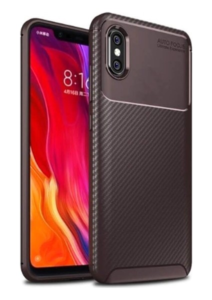 Jopus Xioami Mi 8 Pro Kılıf Karbon Desenli Lux Negro Silikon - Kahverengi + Cam Ekran Koruyucu