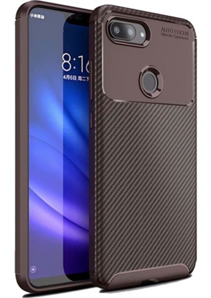 Jopus Xioami Mi 8 Kılıf Karbon Desenli Lux Negro Silikon - Kahverengi + Nano Ekran Koruyucu