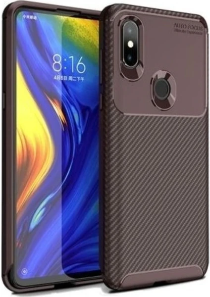 Jopus Xioami Mi Mix 3 Kılıf Karbon Desenli Lux Negro Silikon - Kahverengi + Nano Ekran Koruyucu