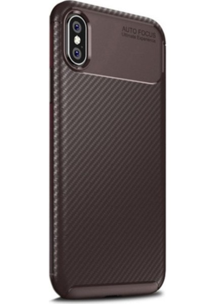Jopus Apple iPhone X Kılıf Karbon Desenli Lux Negro Silikon - Kahverengi + Full Body Ekran Koruyucu (Ön Arka)