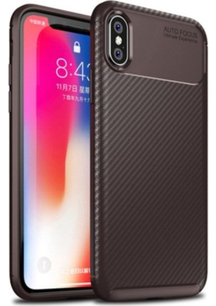 Jopus Apple iPhone XS Kılıf Karbon Desenli Lux Negro Silikon - Kahverengi + Full Body Ekran Koruyucu (Ön Arka)