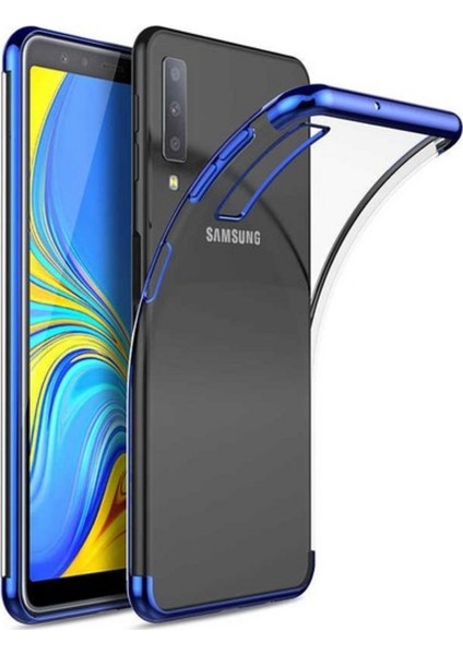 Jopus Samsung Galaxy A7 2018 Dört Köşe Renkli Şeffaf Lazer Silikon - Mavi