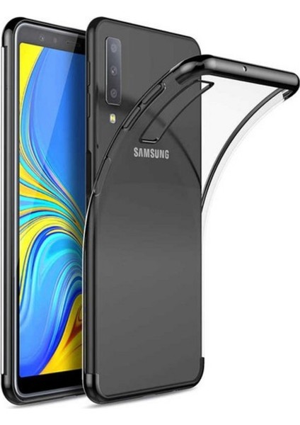 Jopus Samsung Galaxy A7 2018 Dört Köşe Renkli Şeffaf Lazer Silikon - Siyah + Cam Ekran Koruyucu