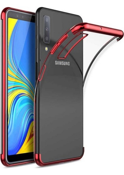 Jopus Samsung Galaxy A7 2018 Dört Köşe Renkli Şeffaf Lazer Silikon - Kırmızı + Cam Ekran Koruyucu