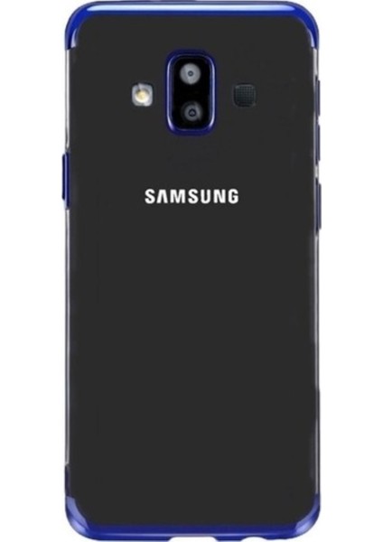 Jopus Samsung Galaxy J7 Duo Dört Köşe Renkli Şeffaf Lazer Silikon - Mavi + Cam Ekran Koruyucu