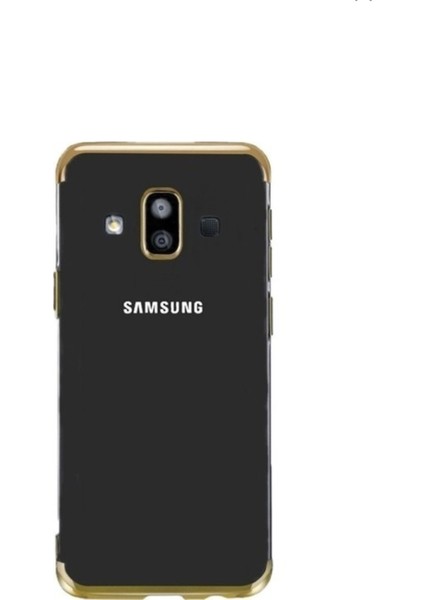 Jopus Samsung Galaxy J7 Duo Dört Köşe Renkli Şeffaf Lazer Silikon - Gold + Nano Ekran Koruyucu