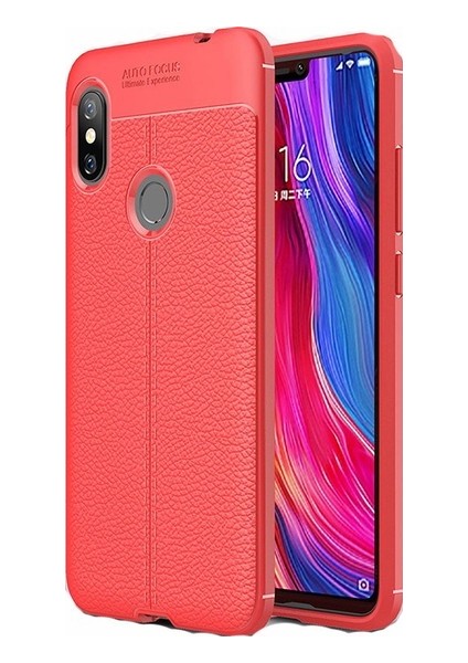 Jopus Xioami Redmi Note 6 Pro Kılıf Deri Desenli Lüx Niss Silikon - Kırmızı + Cam Ekran Koruyucu