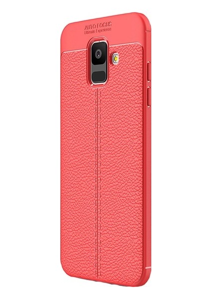 Jopus Samsung Galaxy A6 2018 Kılıf Deri Desenli Lüx Niss Silikon - Kırmızı + Cam Ekran Koruyucu