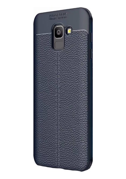 Jopus Samsung Galaxy J6 Kılıf Deri Desenli Lüx Niss Silikon - Lacivert + Cam Ekran Koruyucu