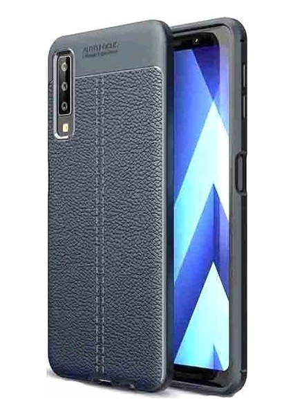 Jopus Samsung Galaxy A7 2018 Kılıf Deri Desenli Lüx Niss Silikon - Lacivert + Cam Ekran Koruyucu