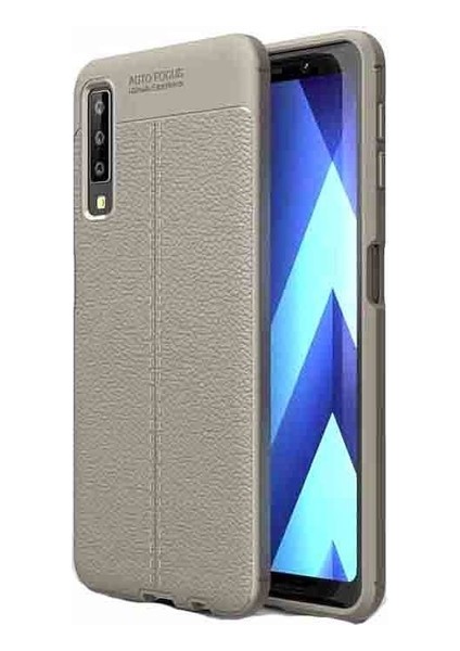 Jopus Samsung Galaxy A7 2018 Kılıf Deri Desenli Lüx Niss Silikon - Gri + Cam Ekran Koruyucu