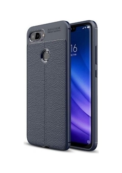Jopus Xioami Mi 8 Lite Kılıf Deri Desenli Lüx Niss Silikon - Lacivert + Nano Ekran Koruyucu