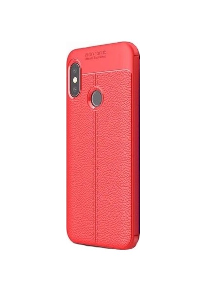 Jopus Xioami Mi A2 Lite Kılıf Deri Desenli Lüx Niss Silikon - Kırmızı + Nano Ekran Koruyucu