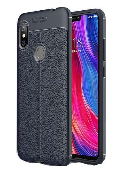 Jopus Xioami Redmi Note 6 Pro Kılıf Deri Desenli Lüx Niss Silikon - Lacivert + Nano Ekran Koruyucu