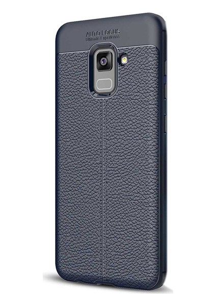 Jopus Samsung Galaxy A8 Plus 2018 Kılıf Deri Desenli Lüx Niss Silikon - Lacivert + Nano Ekran Koruyucu