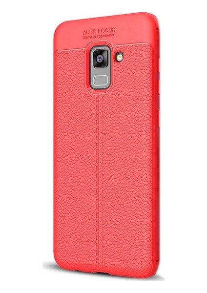 Jopus Samsung Galaxy A8 Plus 2018 Kılıf Deri Desenli Lüx Niss Silikon - Kırmızı + Nano Ekran Koruyucu