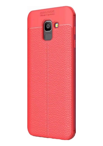 Jopus Samsung Galaxy J6 Kılıf Deri Desenli Lüx Niss Silikon - Kırmızı + Nano Ekran Koruyucu