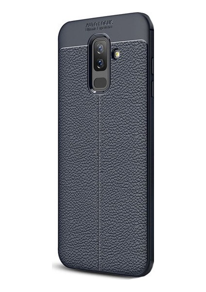 Jopus Samsung Galaxy J8 Kılıf Deri Desenli Lüx Niss Silikon - Lacivert + Nano Ekran Koruyucu