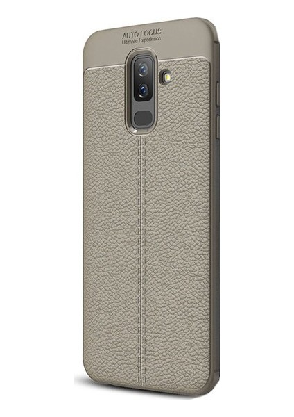 Jopus Samsung Galaxy J8 Kılıf Deri Desenli Lüx Niss Silikon - Gri + Nano Ekran Koruyucu