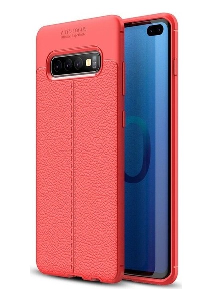 Jopus Samsung Galaxy S10 Kılıf Deri Desenli Lüx Niss Silikon - Kırmızı + 5D Nano Ekran Koruyucu