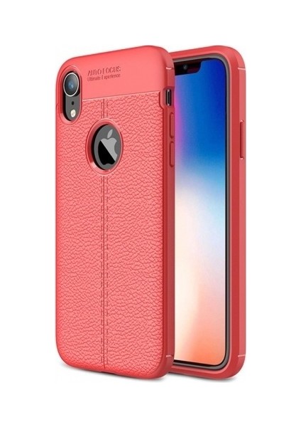 Jopus Apple iPhone XR Kılıf Deri Desenli Lüx Niss Silikon - Kırmızı + Full Body Ekran Koruyucu (Ön - Arka)