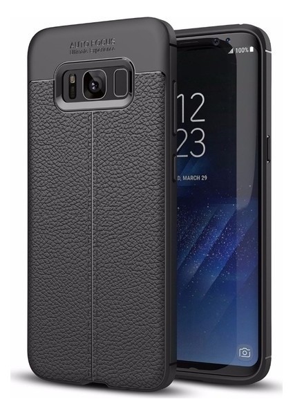 Jopus Samsung Galaxy S8 Kılıf Deri Desenli Lüx Niss Silikon - Siyah + Full Body Ekran Koruyucu (Ön - Arka)