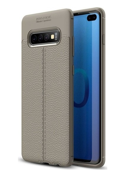 Jopus Samsung Galaxy S10E Kılıf Deri Desenli Lüx Niss Silikon - Gri + Full Body Ekran Koruyucu (Ön - Arka)