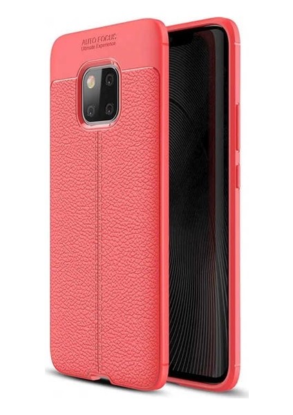 Jopus Huawei Mate 20 Pro Kılıf Deri Desenli Lüx Niss Silikon - Kırmızı + Full Body Ekran Koruyucu (Ön - Arka)
