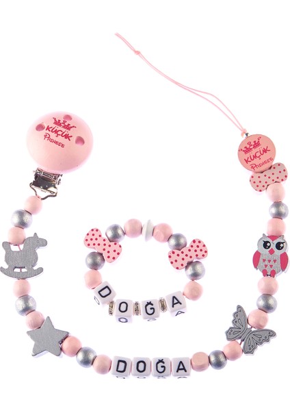 Tek İsimli Emzik Zinciri ve Bebek Bileklik Gri Pembe