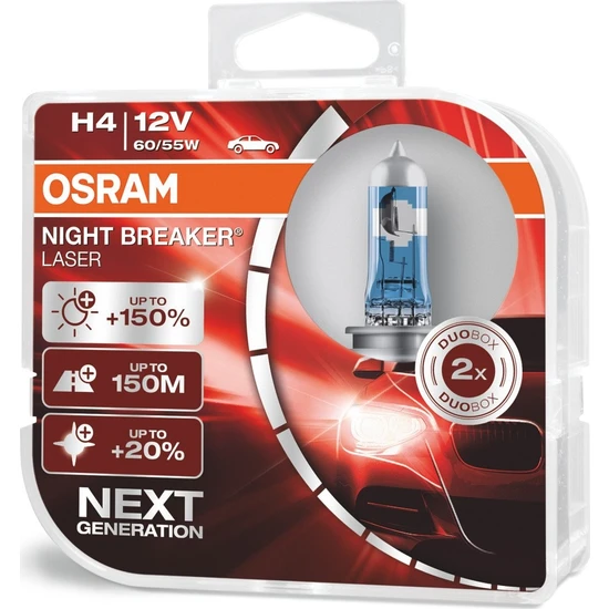 Osram Next Generation H4 Night Breaker Laser +%150 12V 60/55W 2'Li Ampül Set